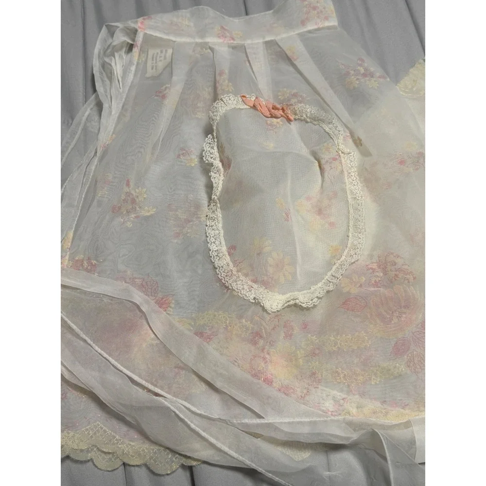 Vintage Busy Hour Aprons Sheer Floral Organza Lace Trim Half Apron Set of 2